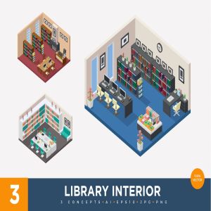 库房仓库场景2.5D等距概念插画v1 3 Isometric Library Interior Vector Set 1