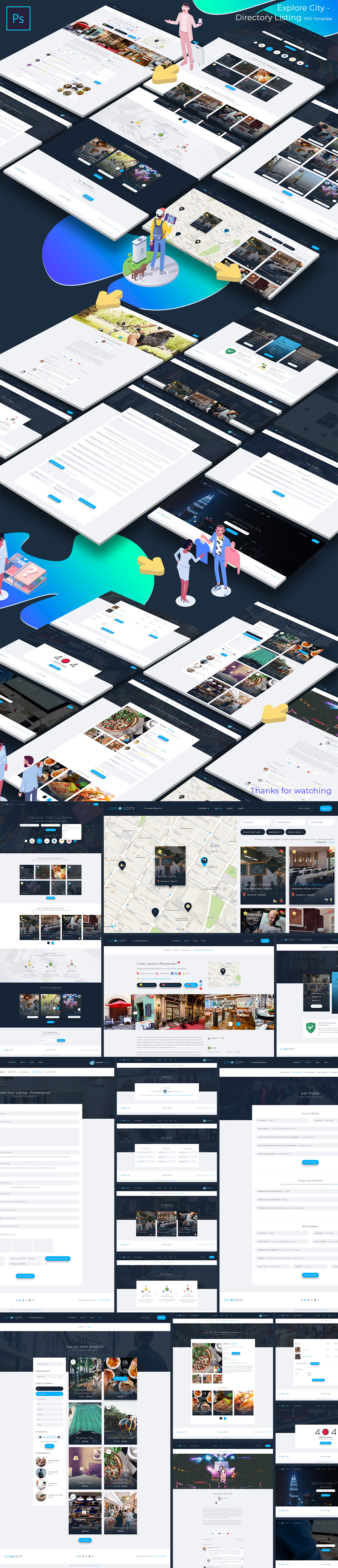 一流设计素材网下午茶：城市全貌介绍与探索相关功能的网站模板UI KITS 下载