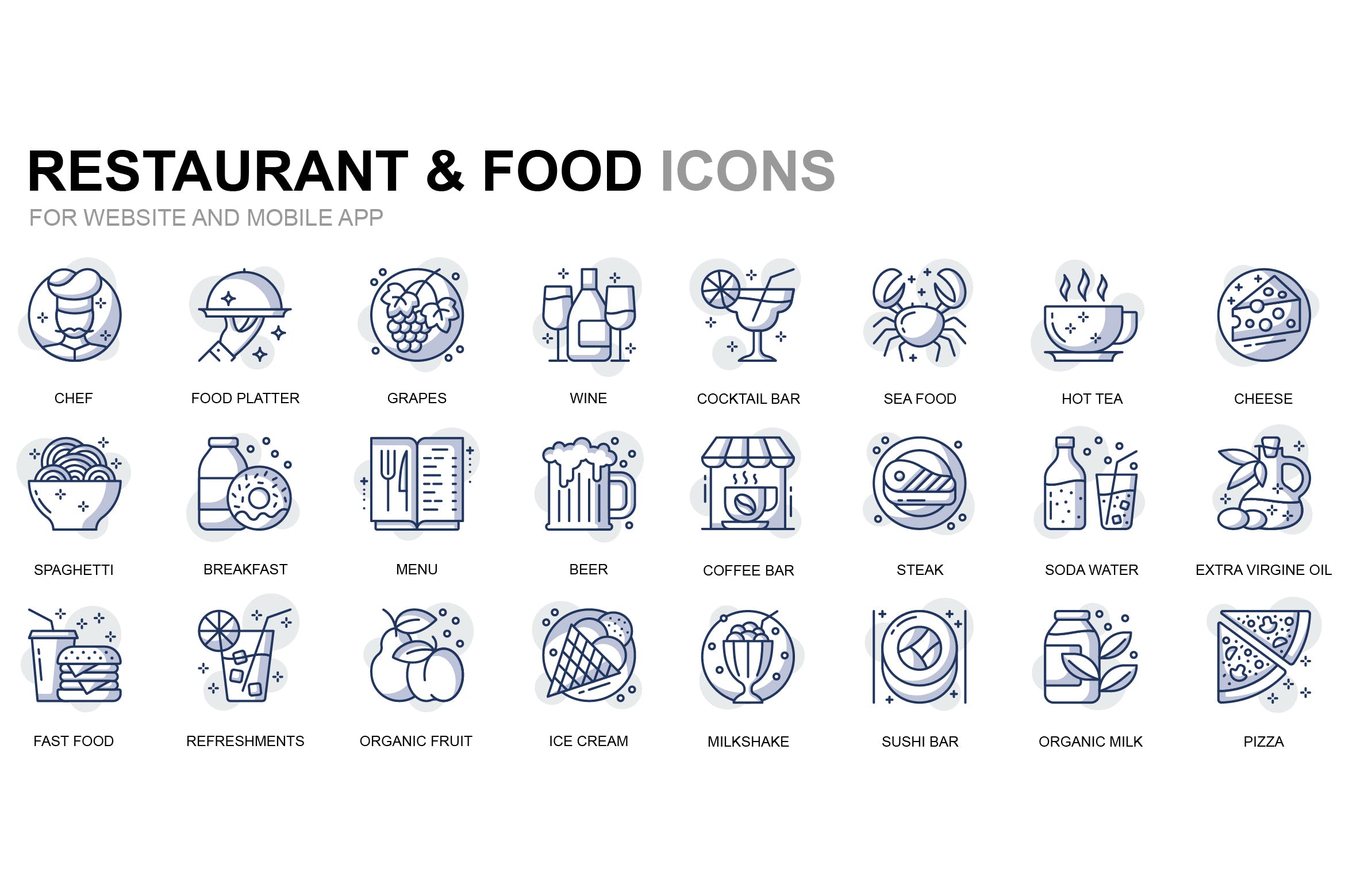 餐厅美食细线线性图标素材 Restaurant and Food Thin Line Icons