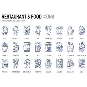 餐厅美食细线线性图标素材 Restaurant and Food Thin Line Icons