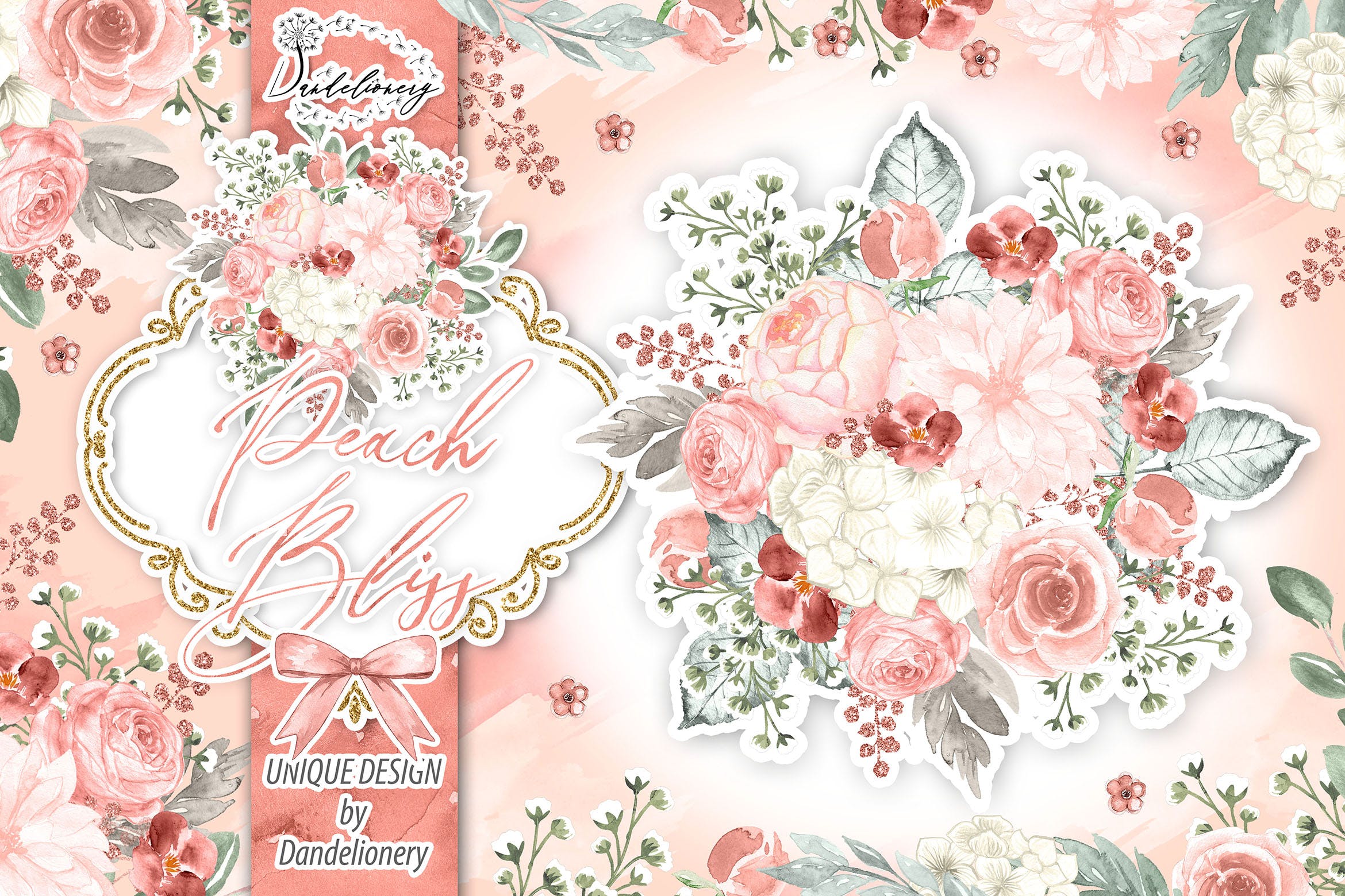 桃花色水彩手绘花卉剪贴画PNG素材 Watercolor Peach Bliss design