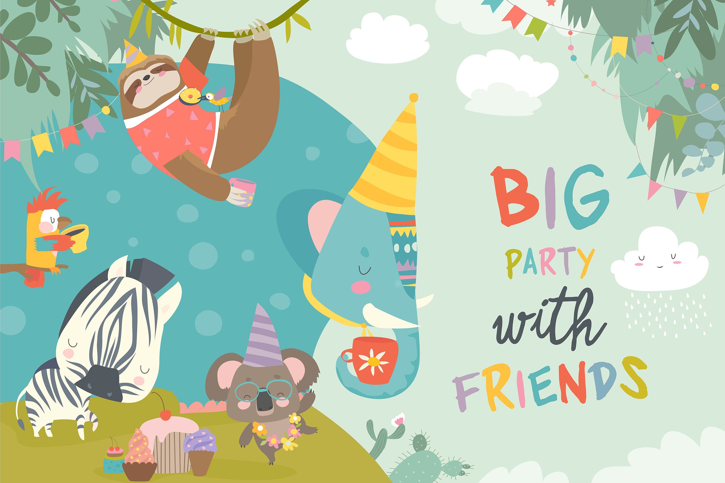 儿童生日派对主题设计矢量插画素材 Vector birthday background with happy animals