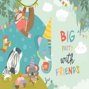 儿童生日派对主题设计矢量插画素材 Vector birthday background with happy animals