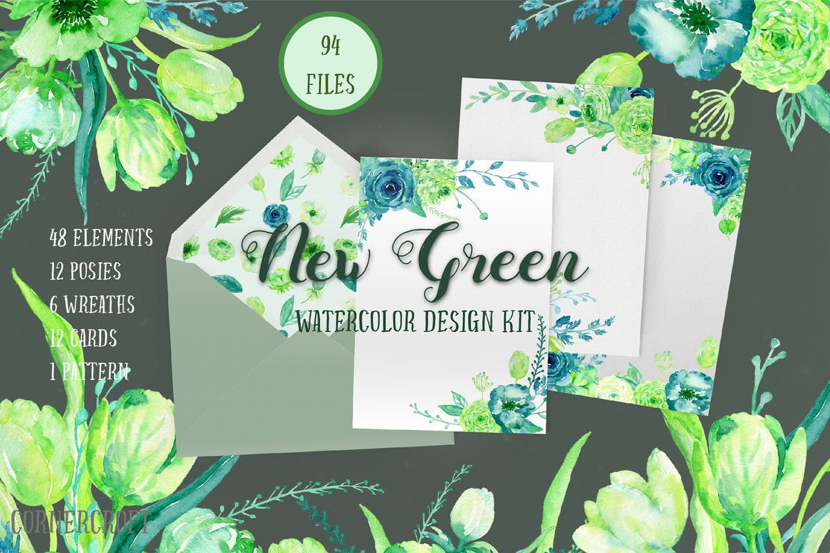 新绿色水彩主题设计插图套装 Watercolor Design Kit New Green