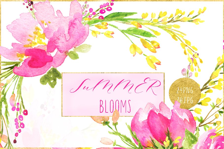 桃红色水彩花卉剪贴画 Hot pink blooms. Premium watercolors