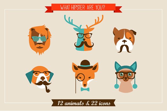 怪诞动物图标集 Hipster Animals & 22 icons