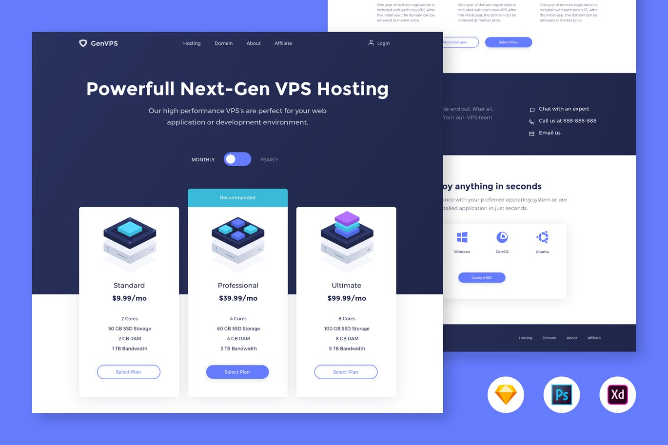 VPS云服务器套餐页面着陆页设计模板[PSD&SKETCH, XD] VPS Hosting Pricing Table – Landing Page Template