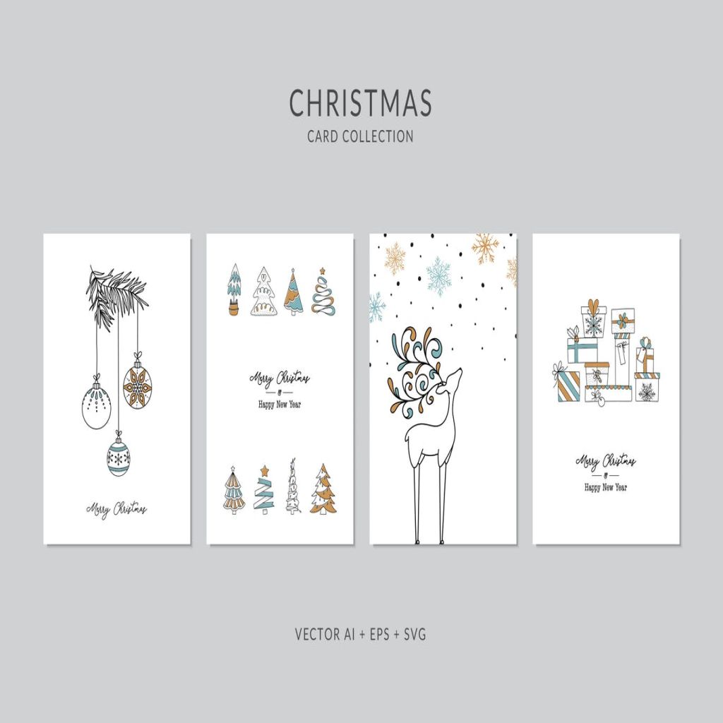 圣诞礼物手绘图案圣诞节贺卡矢量设计模板集v3 Christmas Greeting Card Vector Set插图