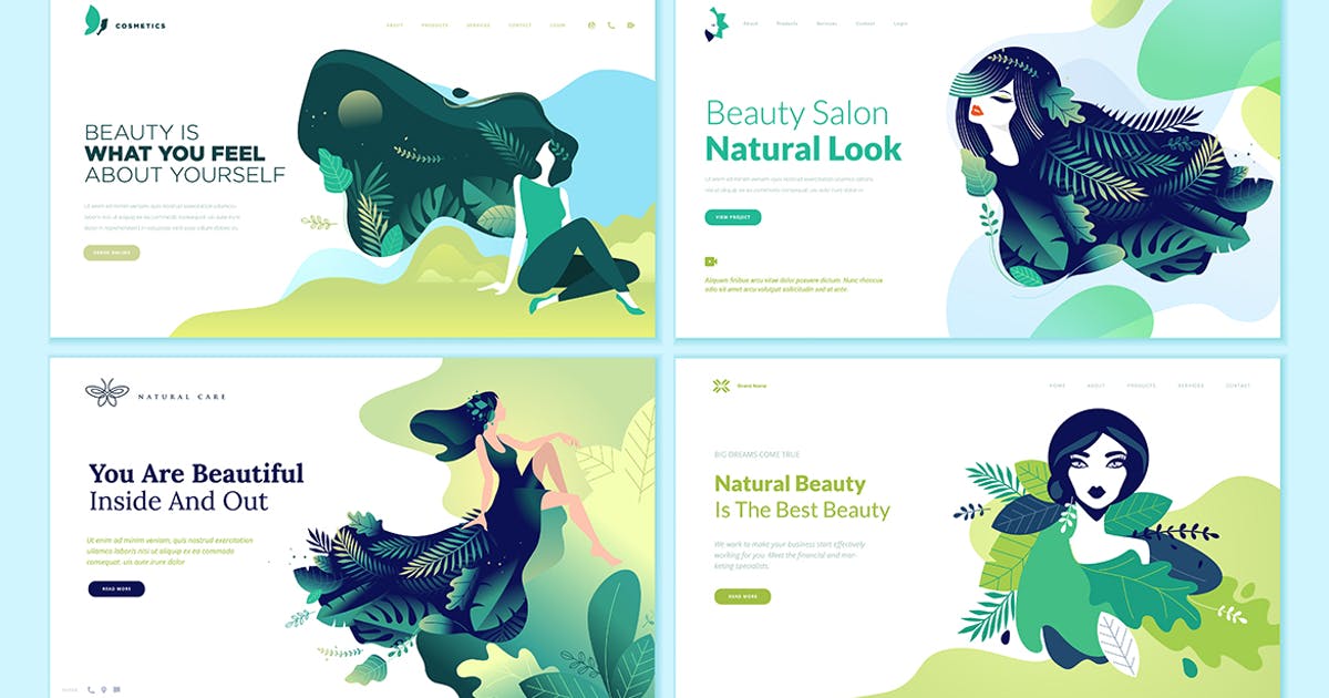 女性时尚品牌网站着陆页设计概念插画素材 Set of Beauty Web Page Design Templates