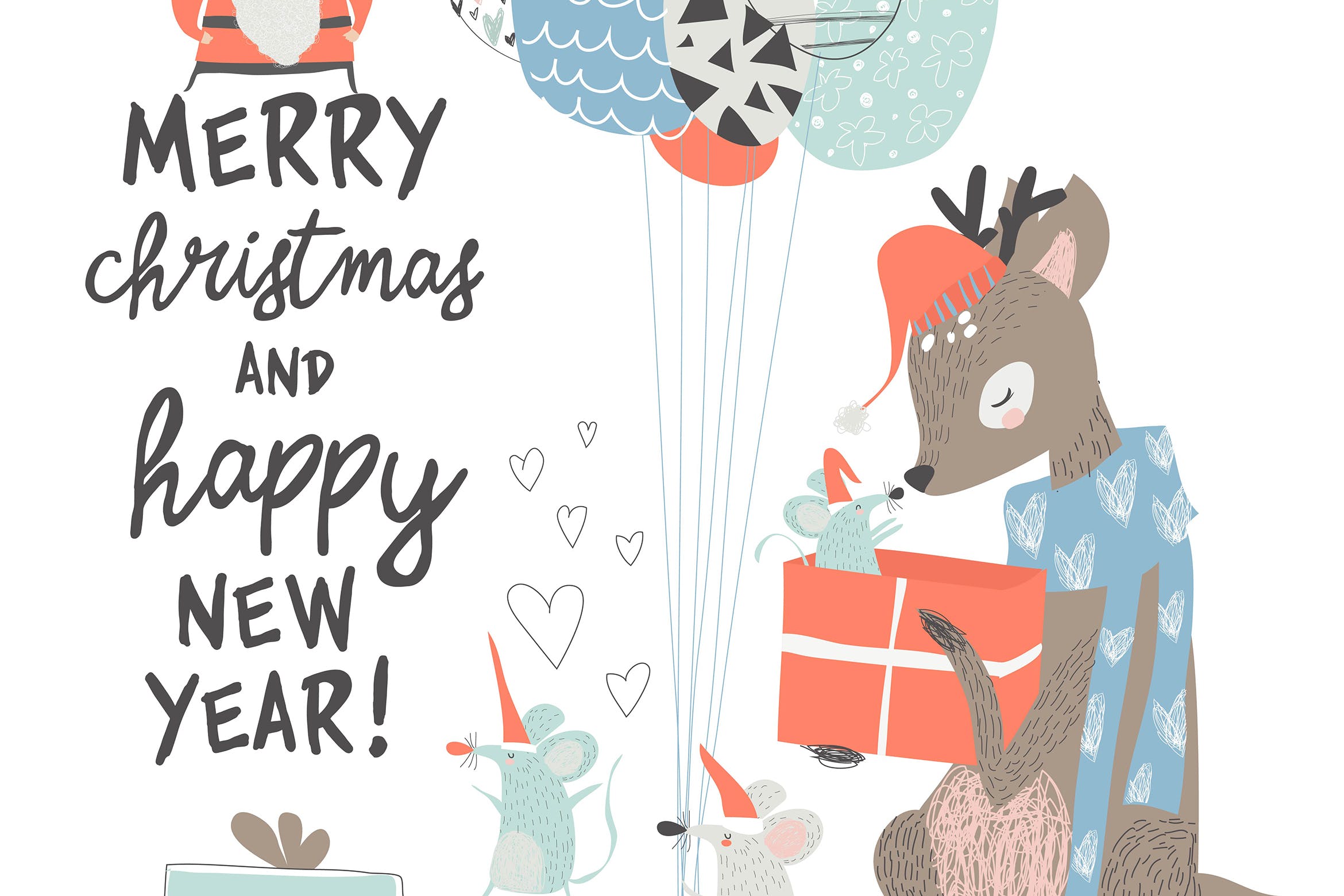 可爱卡通老鼠&驯鹿绘图案圣诞节贺卡设计模板v1 Vector Greeting Christmas card with cute deer and