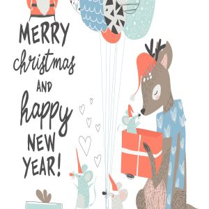 可爱卡通老鼠&驯鹿绘图案圣诞节贺卡设计模板v1 Vector Greeting Christmas card with cute deer and