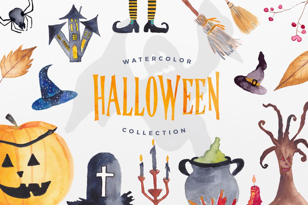 万圣节主题手绘水彩插图合集 Watercolor Halloween Collection