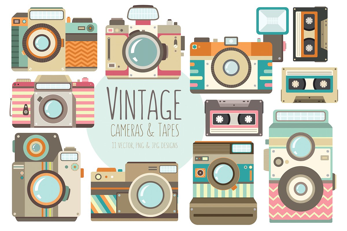 复古照相机矢量剪贴画 Vintage Cameras Vector Clipart Set