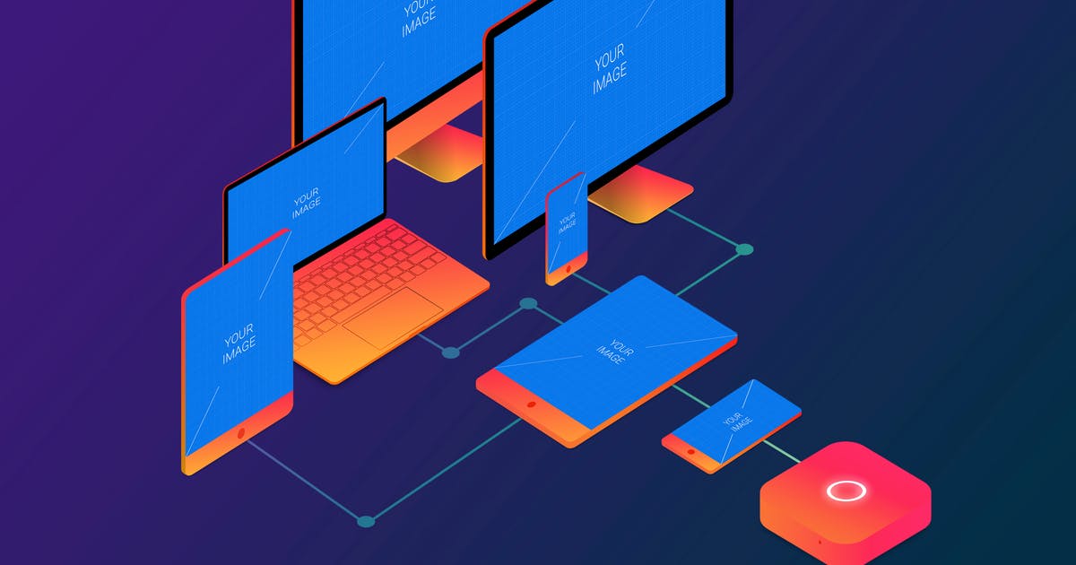 响应式网站设计效果图等距设备演示样机模板01 Isometric Responsive Devices Mockup 01