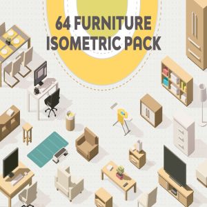 64个扁平设计风格家具等距场景插画素材 Furniture Isometric Flat Set