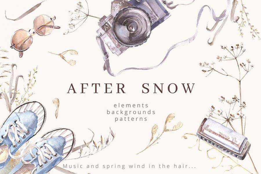 复古风格摄影水彩插画套装