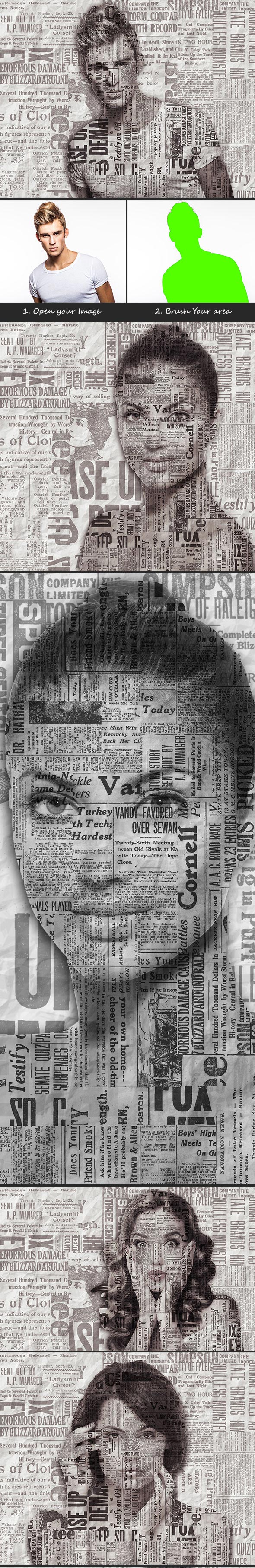 为照片叠加报纸图案风格的PS动作 Paper Print Photoshop Action