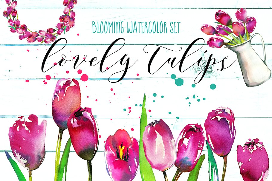 粉红郁金香水彩花卉套装 Pink Tulips Watercolor Floral Set