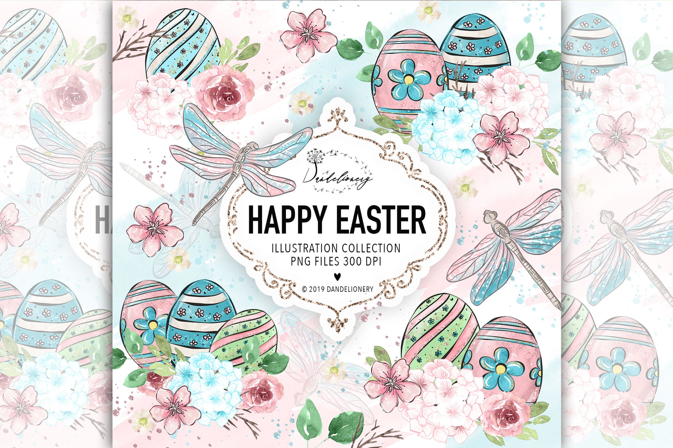 复活节蜻蜓水彩手绘剪贴画PNG素材 Happy Easter dragonfly design
