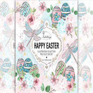 复活节蜻蜓水彩手绘剪贴画PNG素材 Happy Easter dragonfly design