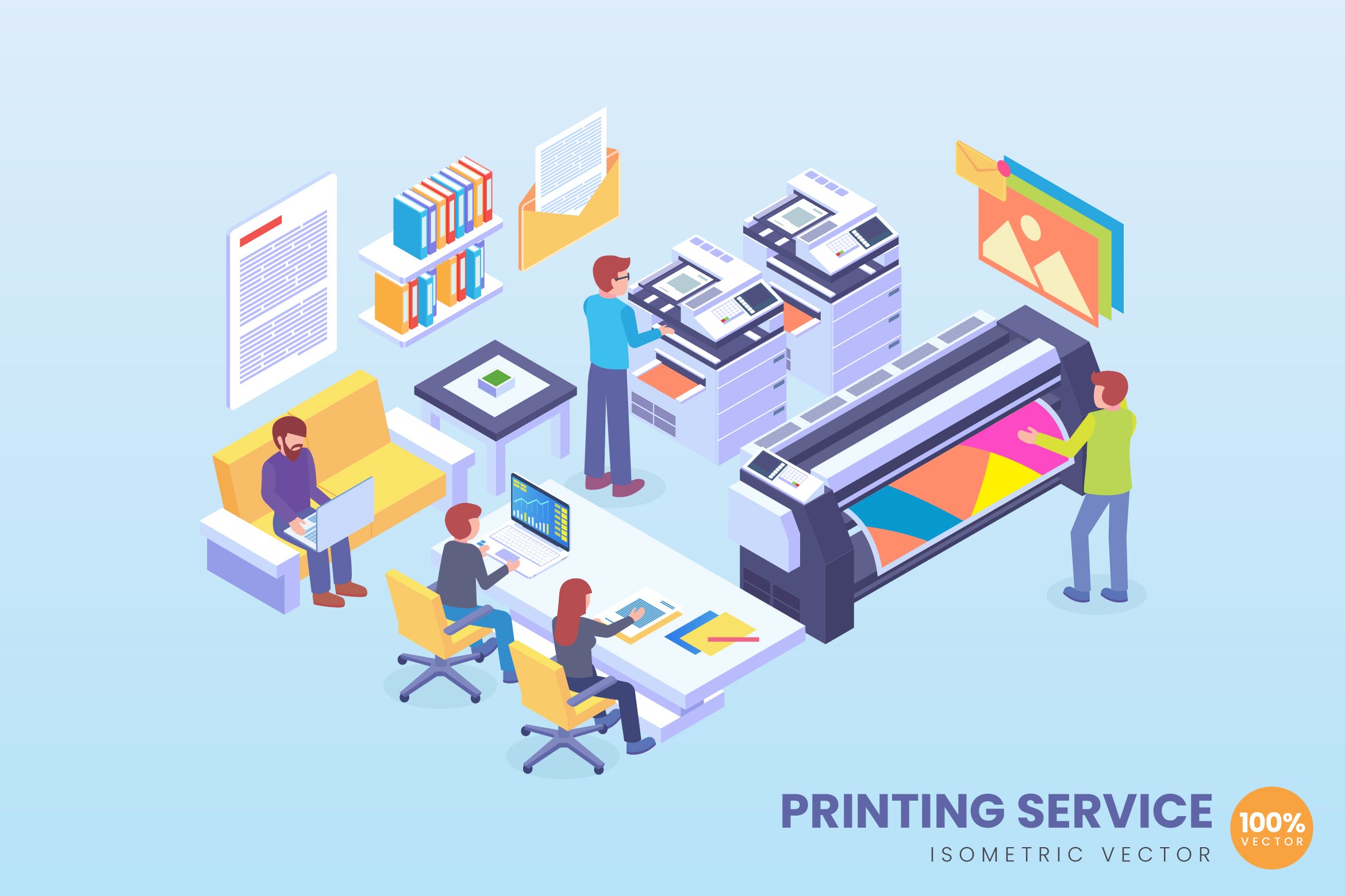 自主打印服务技术场景演示2.5D矢量等距概念插画 Isometric Printing Service Technology Vector