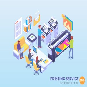 自主打印服务技术场景演示2.5D矢量等距概念插画 Isometric Printing Service Technology Vector