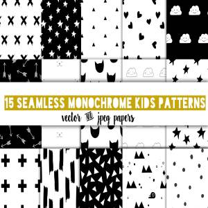 现代流行黑白单色儿童主题图案 Modern kids patterns,black and white