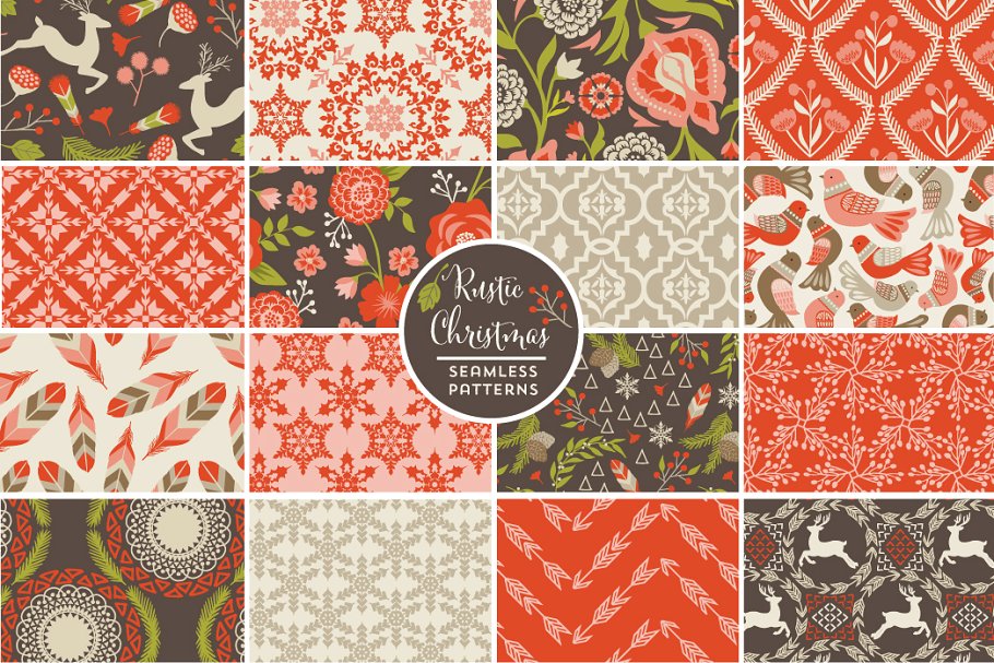 圣诞节和冬天主题的乡村矢量图案 Rustic Christmas Vector Patterns