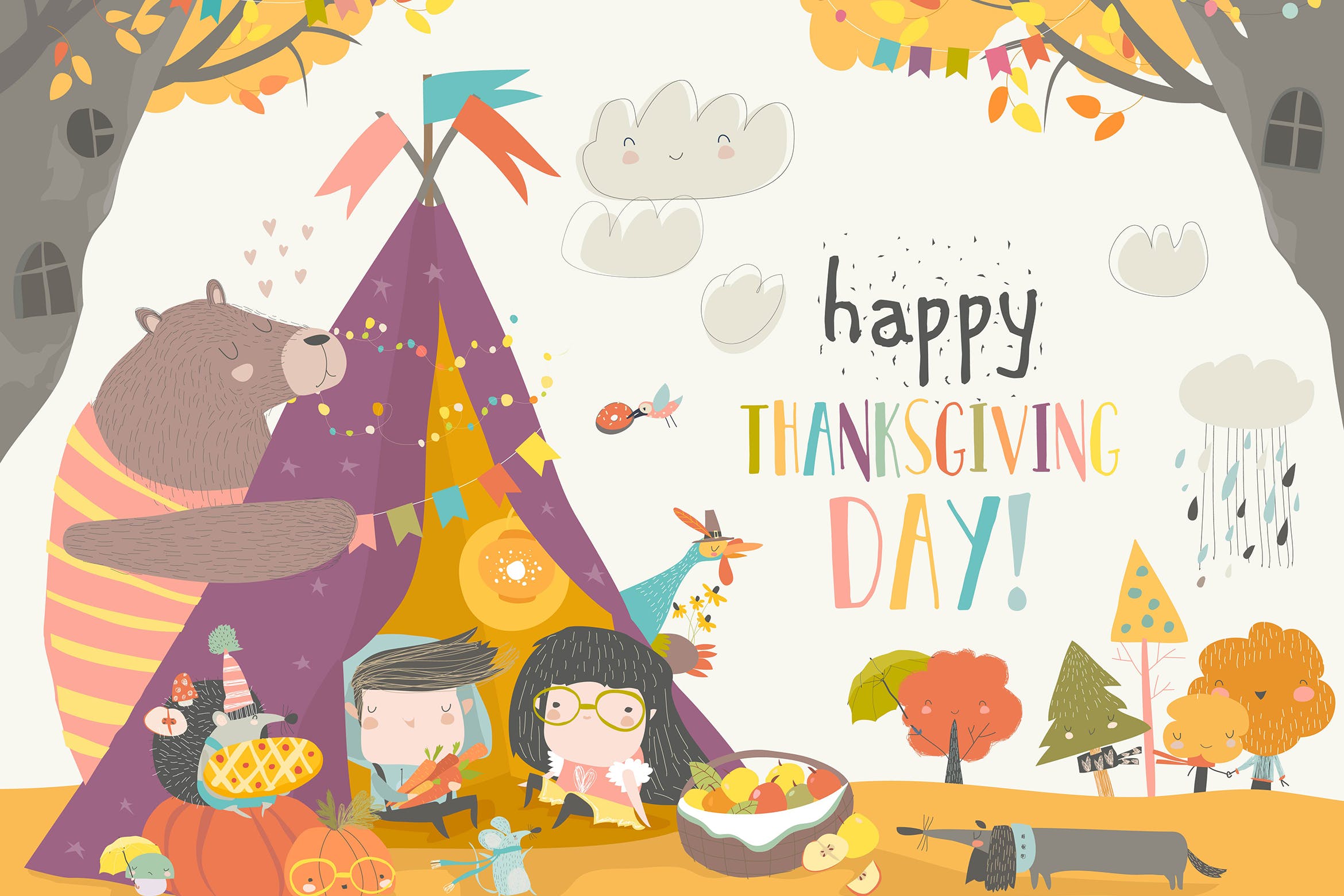 儿童与动物庆祝感恩节主题卡通绘画矢量插画素材 Cute kids celebrating Thanksgiving day with animal