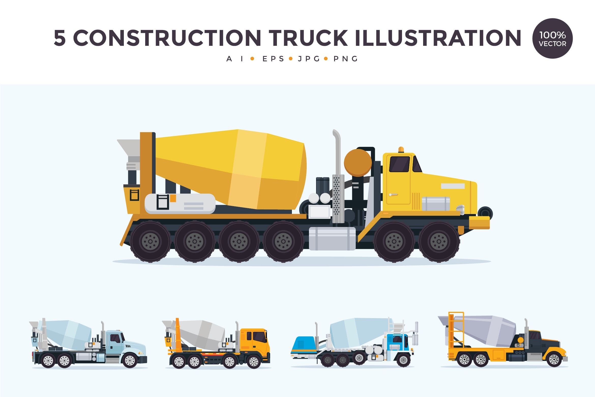 5个施工搅拌车/混凝土搅拌车矢量图形素材 5 Construction Mixer Truck Vector Illustration Set