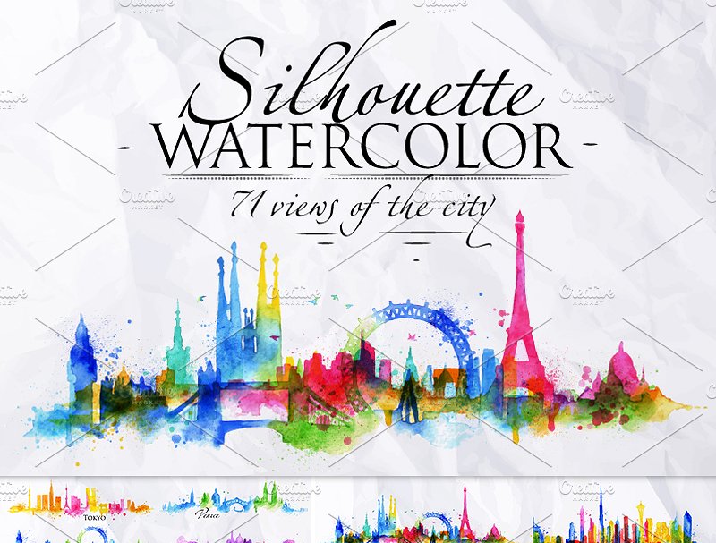 71个城市水彩剪影矢量图形 Silhouette city