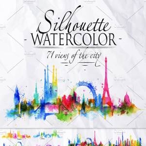 71个城市水彩剪影矢量图形 Silhouette city