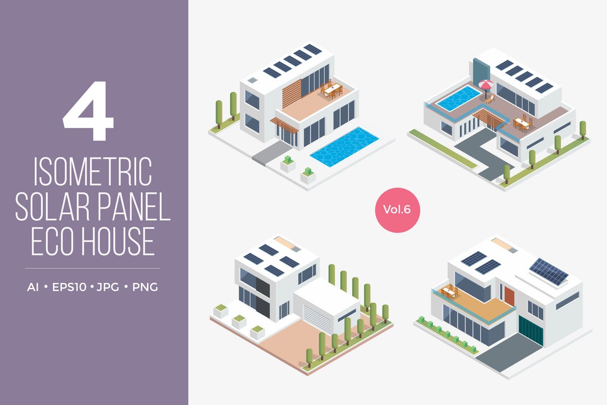 太阳能发电楼房场景2.5D等距概念插画v6 Isometric Solar Panel Eco House Vector Set 6
