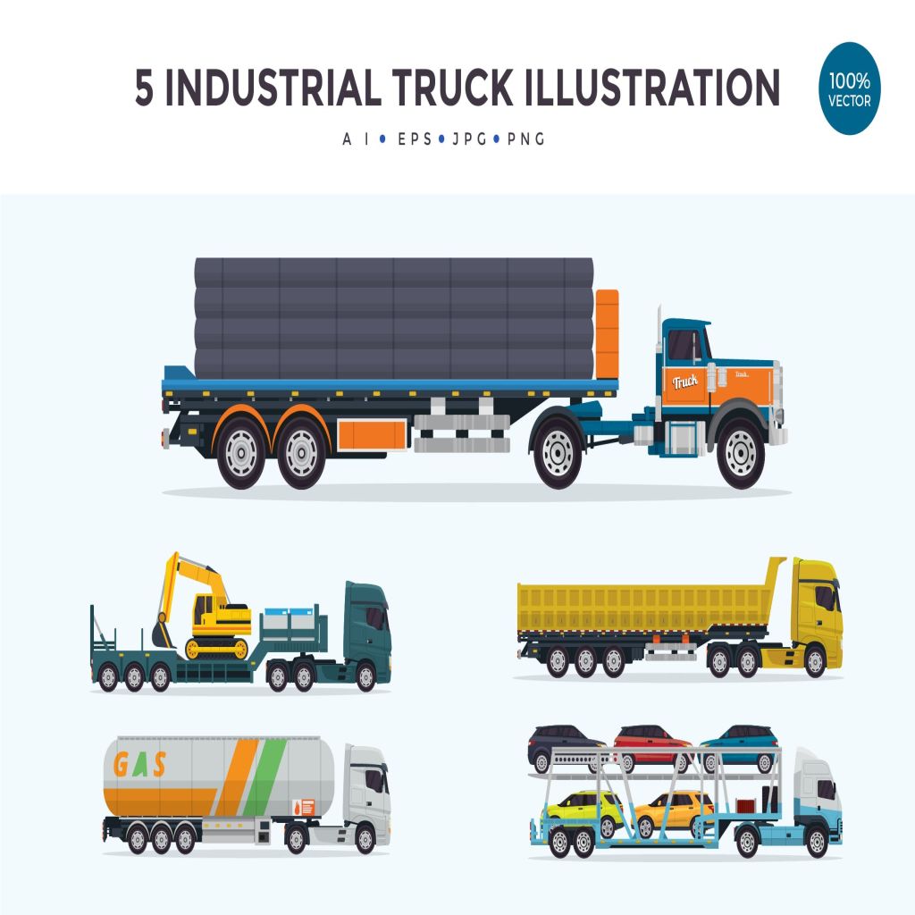 5个工业拖车/重型卡车矢量图形素材v2 5 Industrial Trailer Truck Vector Illustration 2插图