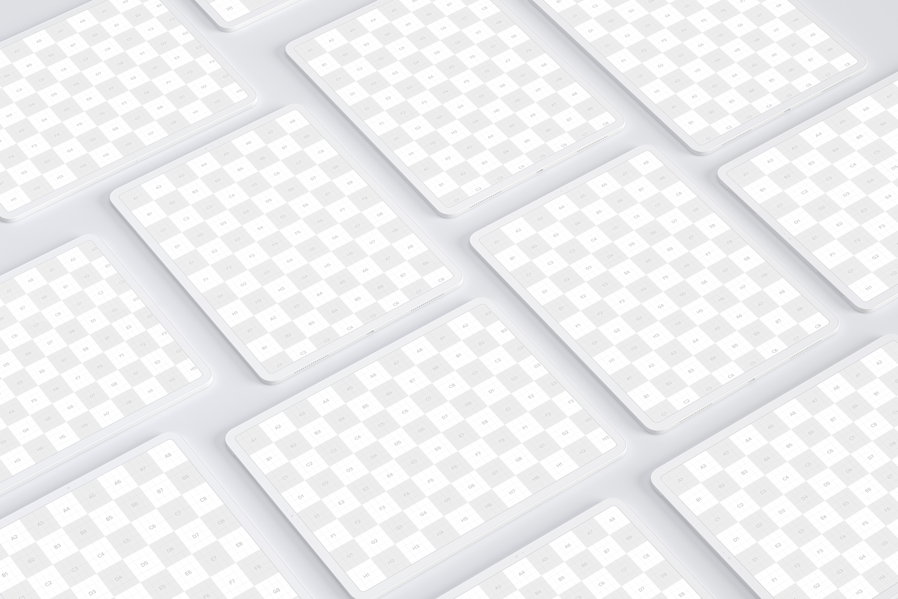 iPad Pro平板电脑屏幕界面设计预览图等距网格样机02 Clay iPad Pro 12.9” Mockup, Grid Layout 02