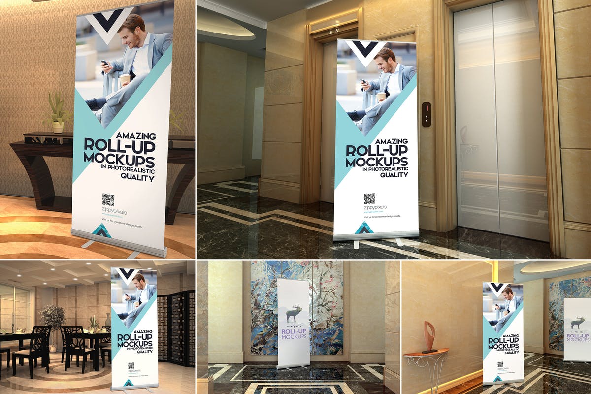 高端大厦场景易拉宝广告Banner样机模板 Roll-up Banner Mockup PSD
