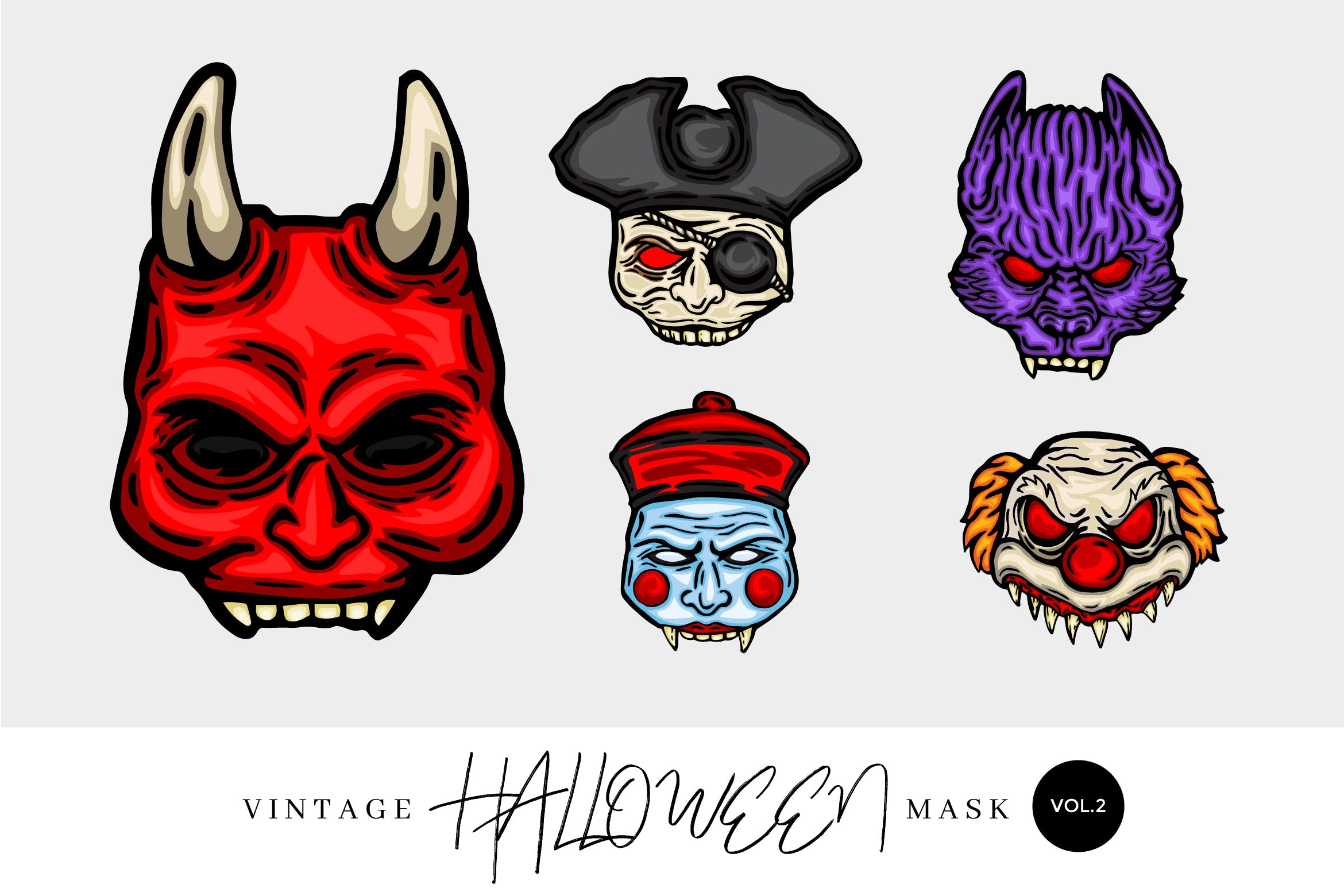 5个万圣节复古设计风格手绘面具矢量图形素材v2 5 Vintage Hand Drawing Halloween Mask Vector 2