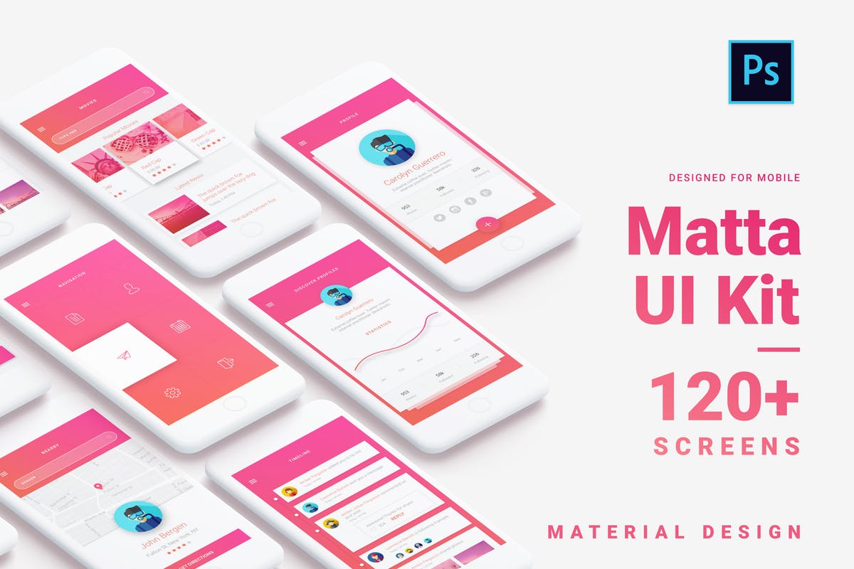Google Material设计风格手机APP应用标准UI套件模板 Matta – Material Design UI Kit for Ps