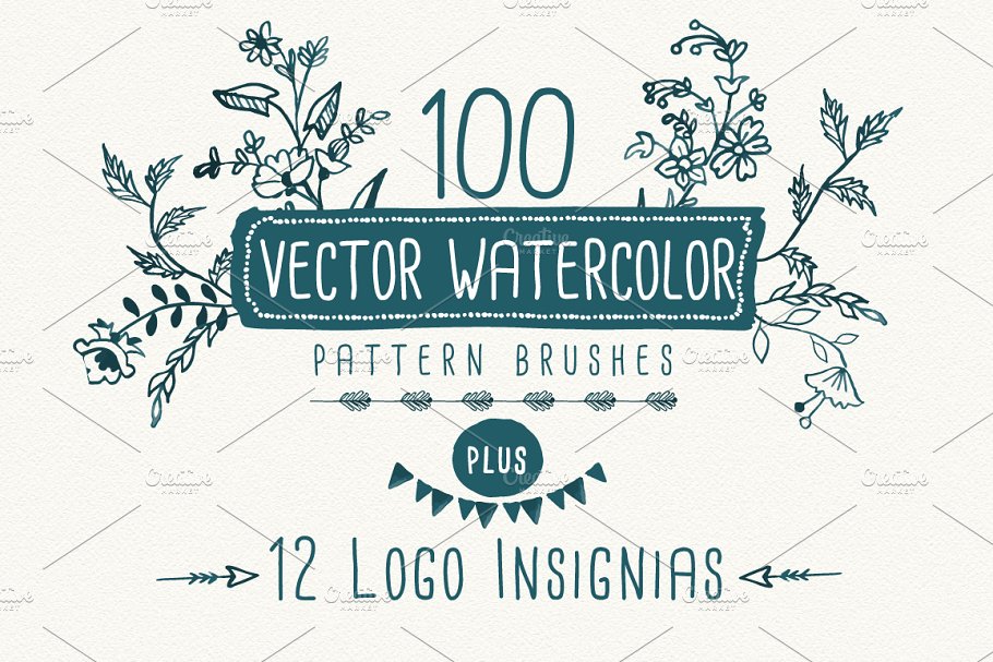 100款水彩手绘图案AI笔刷 Watercolor vector pattern brushes