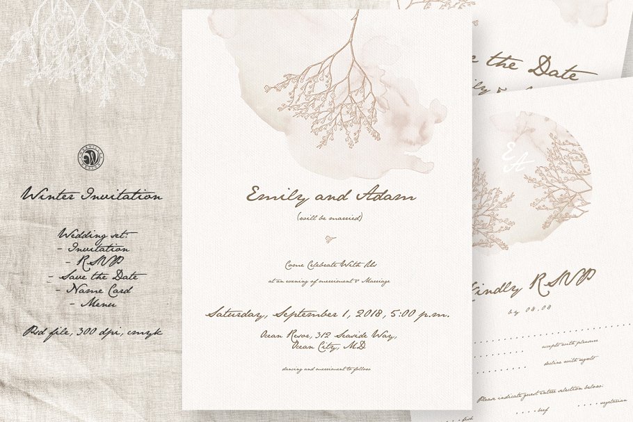 冬季婚礼邀请函设计模板套装 Winter Wedding Invitation