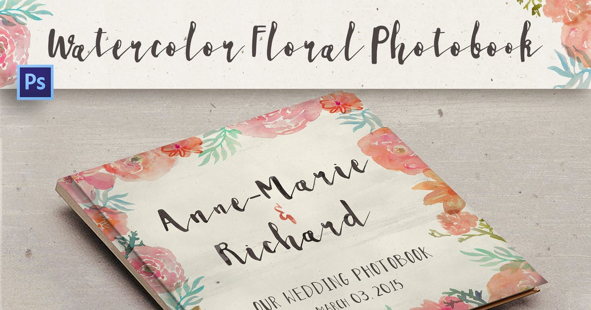 手绘水彩花卉婚礼相册/纪念册PSD模板 Watercolor Floral Photobook