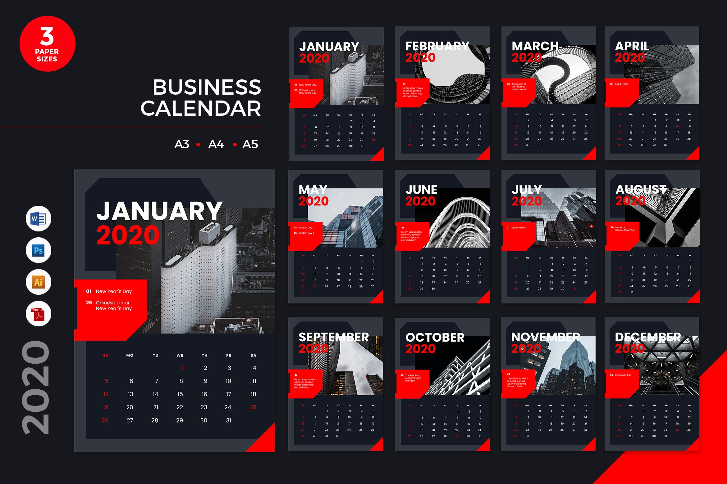 商务风格企业定制2020年日历设计模板 Business Calendar 2020 Calendar – AI, DOC, PSD
