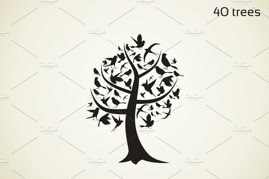 各式手绘水彩大树插图 Collection of trees