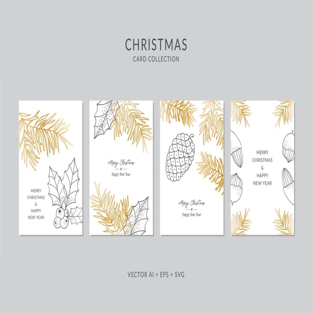 圣诞节元素线条手绘图案圣诞节贺卡模板 Christmas Greeting Card Vector Set插图