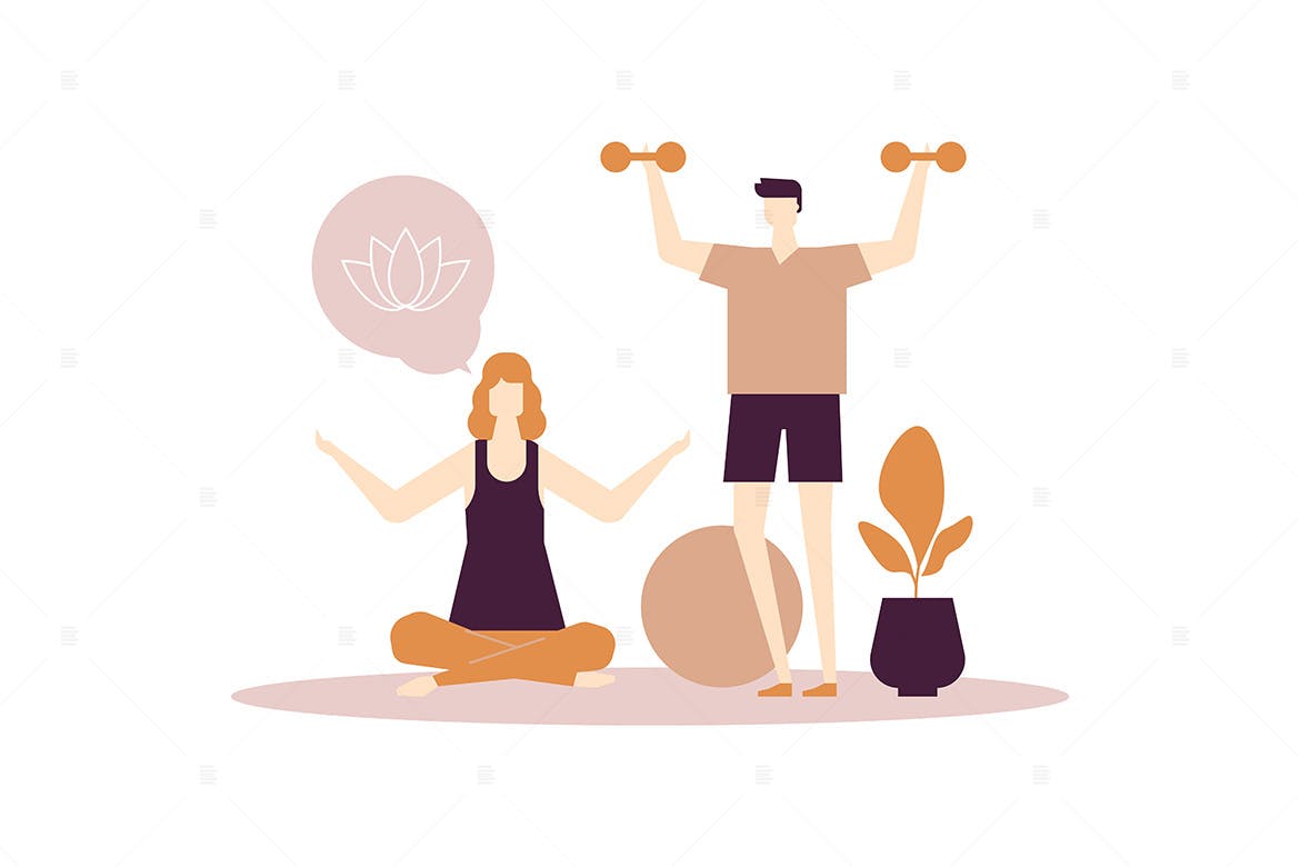 扁平设计风格家庭健身场景矢量插画 Home fitness – flat design style illustration