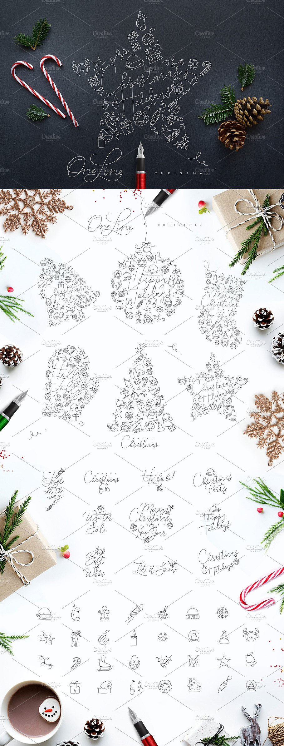 圣诞节节日主题设计插画素材合集 Christmas Holidays One Line