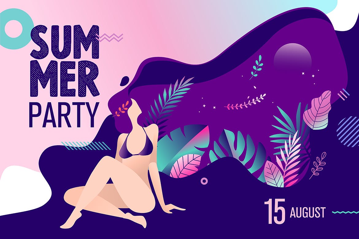 夏日派对邀请矢量插画设计模板 Summer party invitation