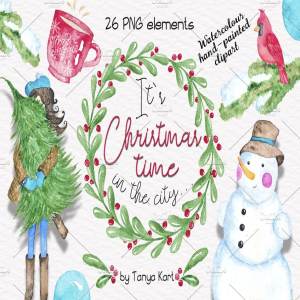 圣诞时光水彩插画元素 It`s Christmas time in the City