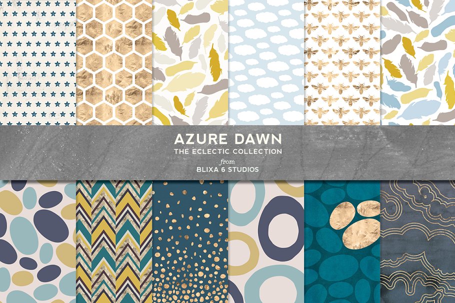 非常适合设计礼品包装纸的花样图案背景 Azure Dawn: Petrol & Gold