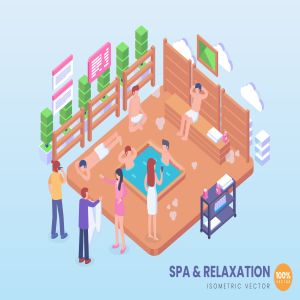 温泉SPA场景等距概念矢量插画 Isometric Spa & Relaxation Hot Pool Vector Concept